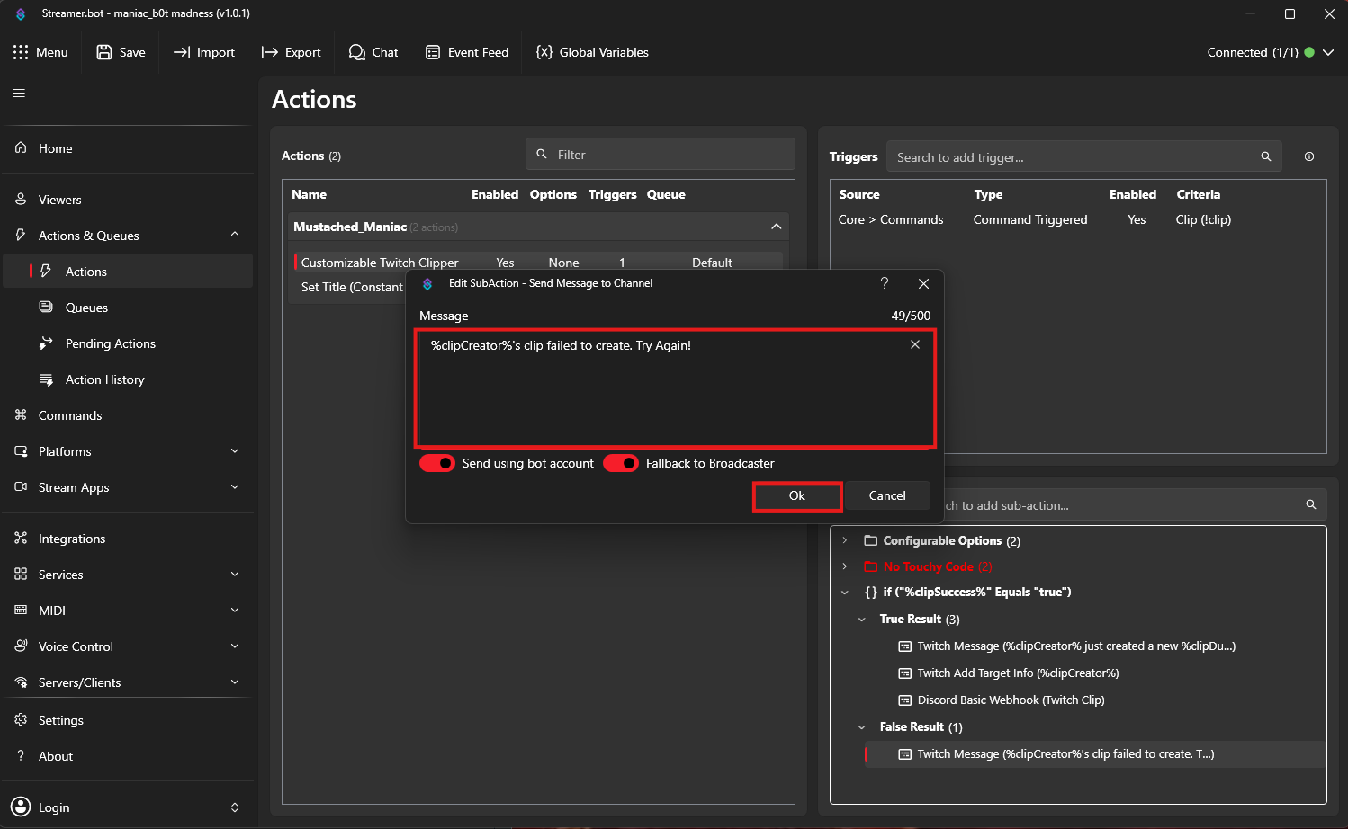 False Logic for Twitch Clip Creator Action in Streamer.bot