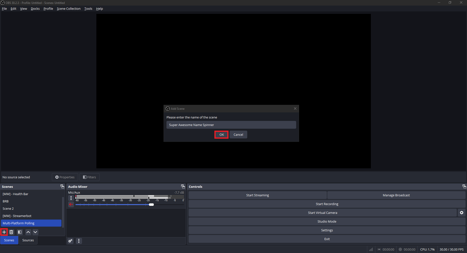 Creating a new Scene in OBS