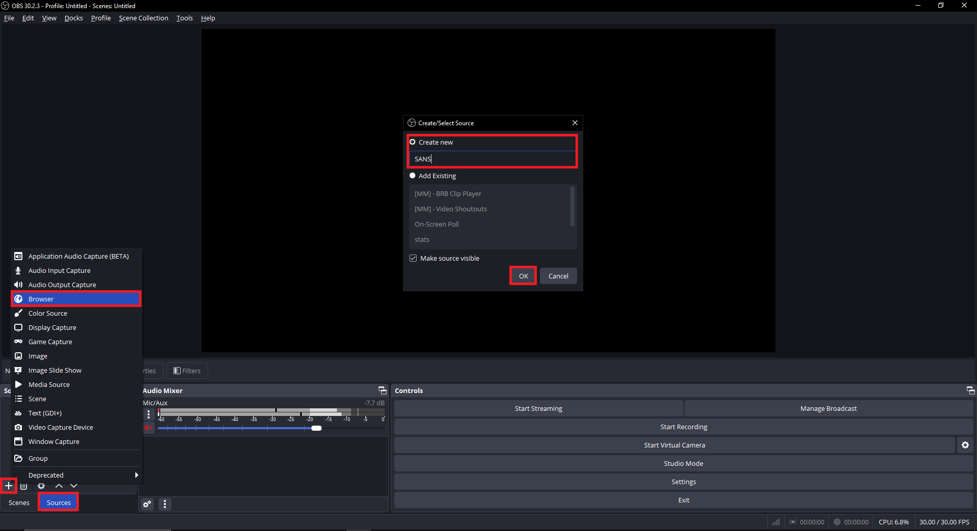 Creating a new Source in OBS