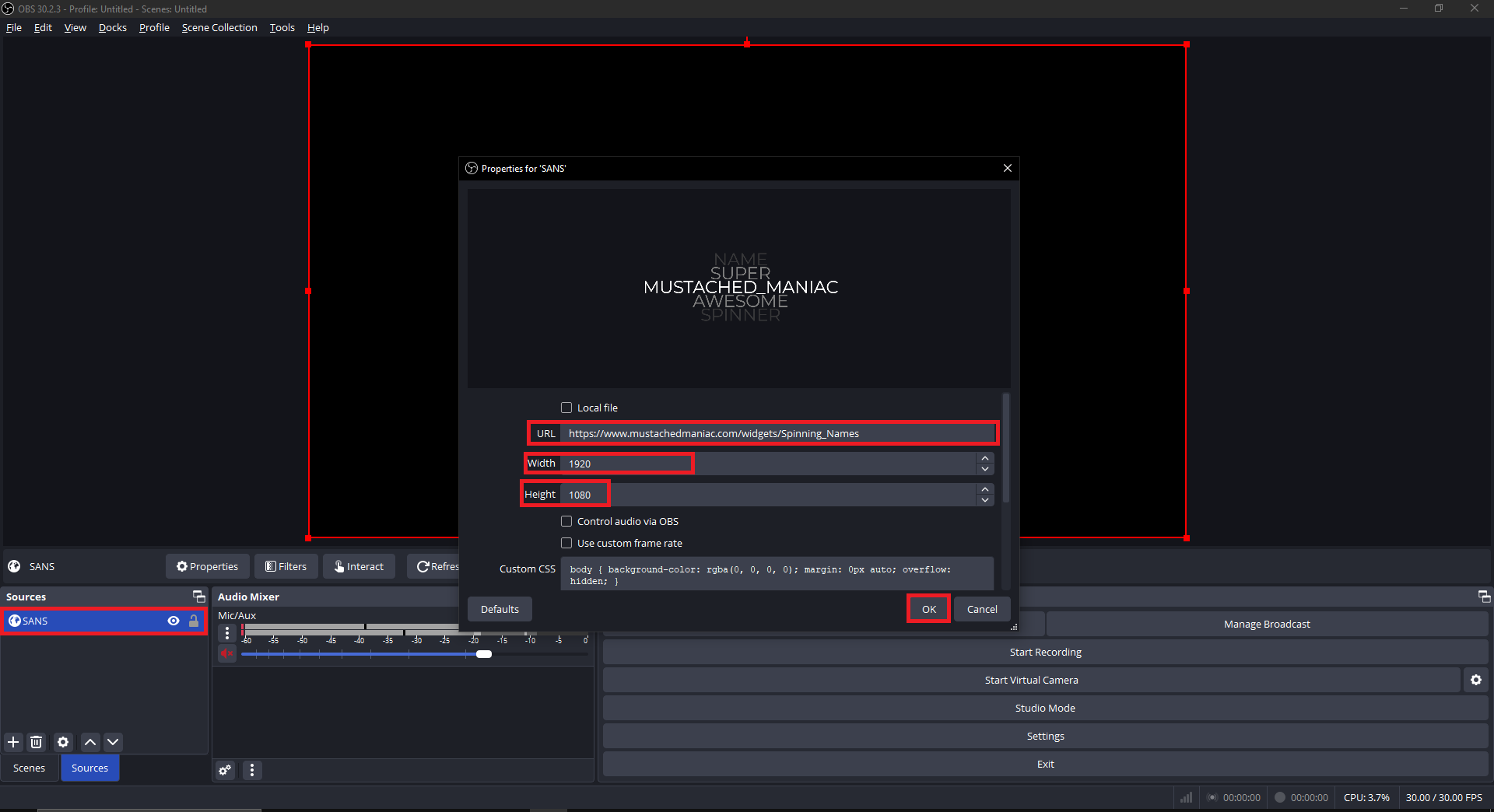 Editing a Browser Source in OBS