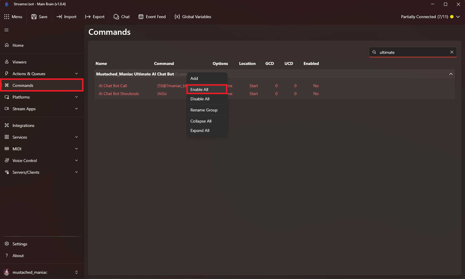 Enabling Commands for The Ultimate AI Chat Bot into Streamer.bot