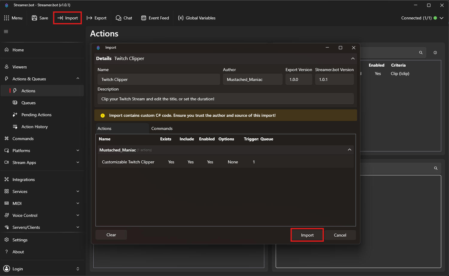 Importing Custom Twitch Clip Creator into Streamer.bot